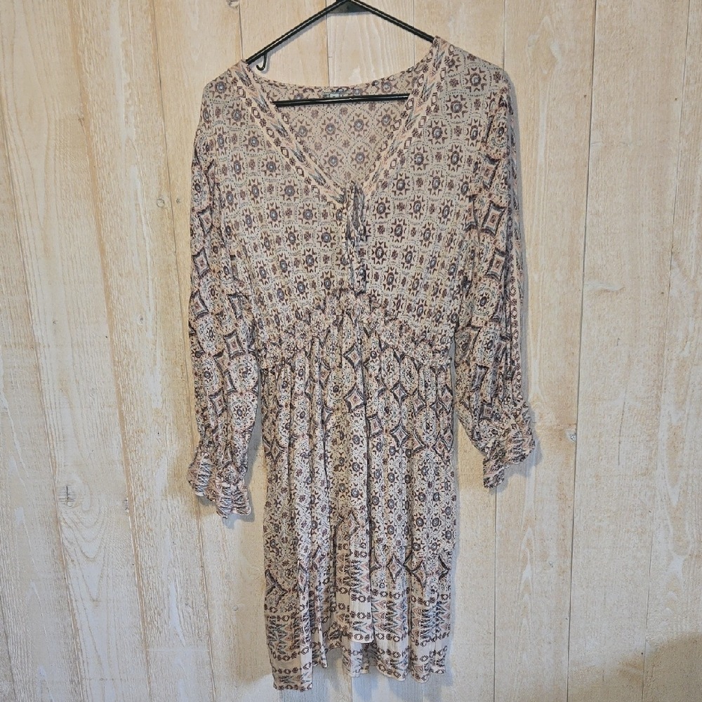 Nostalgia Cream and Brown Western  V Neck Dress Size Small Midi